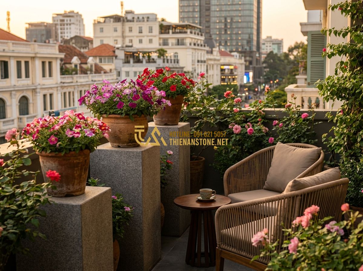 Đôn Đá Kê Tượng & Kê Chậu Hoa: Ứng Dụng Thực Tế & Lưu Ý Khi Trang Trí - Hình 5 Đôn Đá Kê Tượng & Kê Chậu Hoa: Ứng Dụng Thực Tế & Lưu Ý Khi Trang Trí - A beautiful city balcony garden at sunset. Various stone pedestals of different