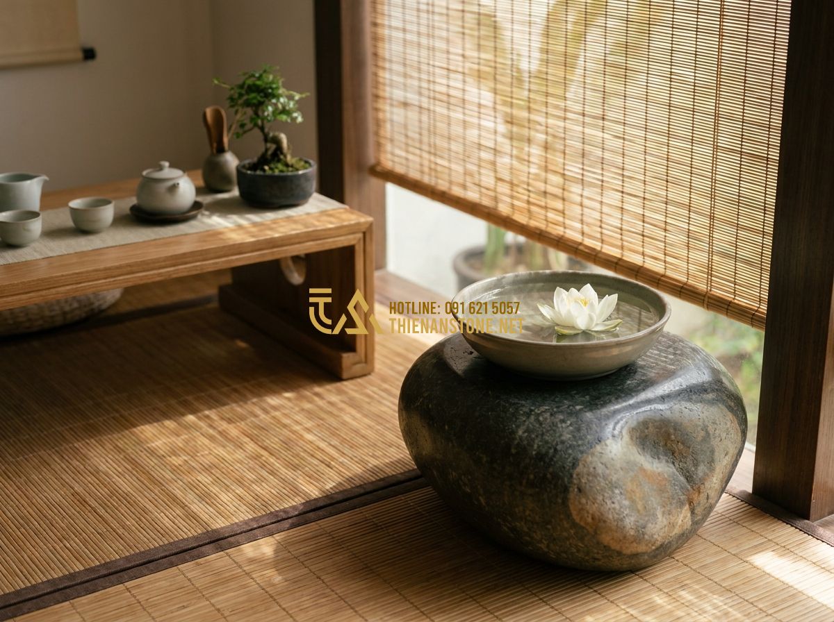 Đôn Đá Kê Tượng & Kê Chậu Hoa: Ứng Dụng Thực Tế & Lưu Ý Khi Trang Trí - Hình 7 Đôn Đá Kê Tượng & Kê Chậu Hoa: Ứng Dụng Thực Tế & Lưu Ý Khi Trang Trí - A tranquil tea room corner. A low wooden table is surrounded by bamboo mats. Nex