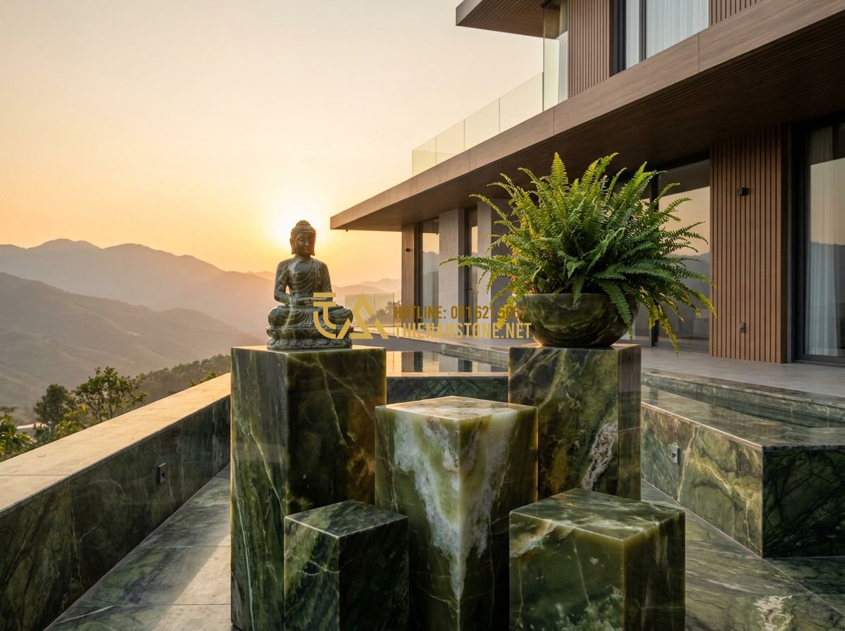 Đôn Đá Tự Nhiên Đẹp 2026: 120+ Mẫu Đôn Đá Kê Cây Cảnh, Kê Tượng Sang Trọng & Bền Đẹp - Hình 2 Đôn Đá Tự Nhiên Đẹp 2026: 120+ Mẫu Đôn Đá Kê Cây Cảnh, Kê Tượng Sang Trọng & Bền Đẹp - Tạo ảnh tiếng Anh: A high-end outdoor terrace overlooking a mountain landscape.