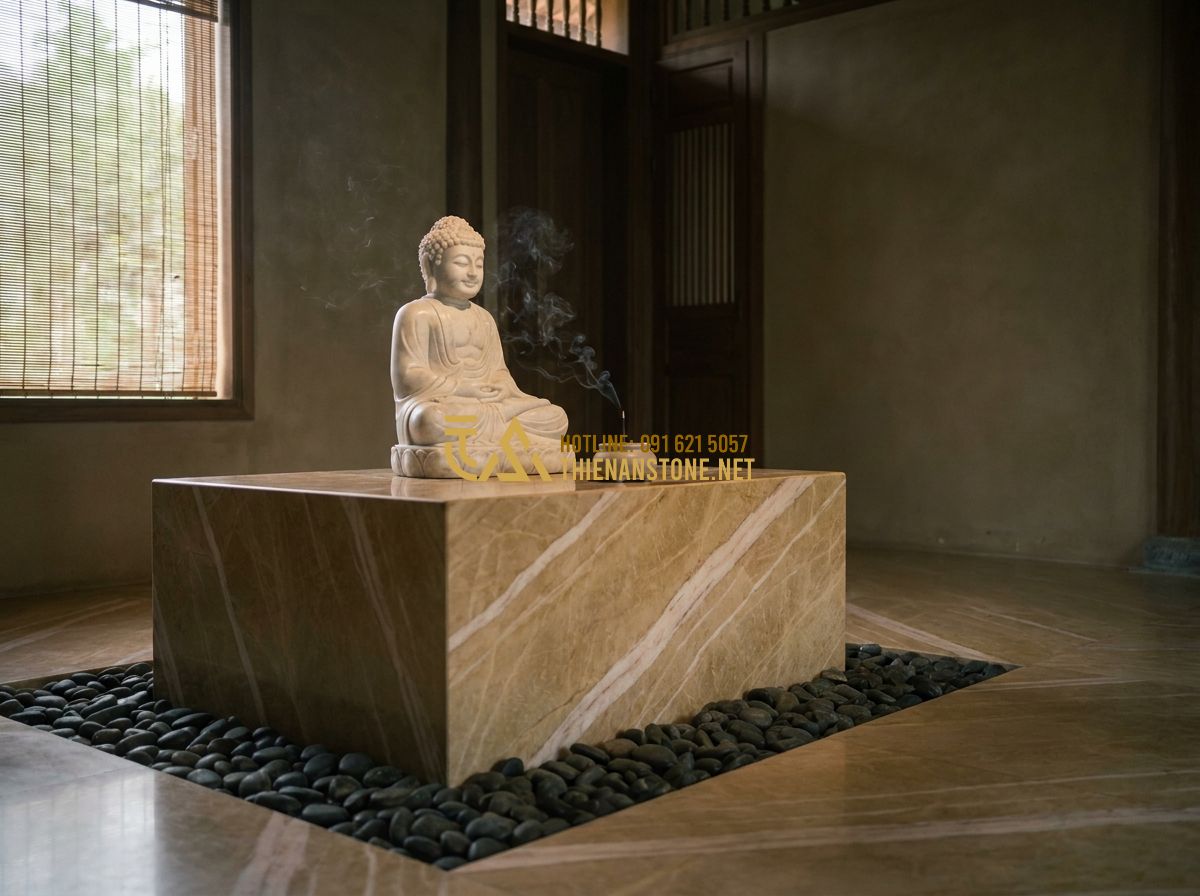 Đôn Đá Tự Nhiên Đẹp 2026: 120+ Mẫu Đôn Đá Kê Cây Cảnh, Kê Tượng Sang Trọng & Bền Đẹp - Hình 4 Đôn Đá Tự Nhiên Đẹp 2026: 120+ Mẫu Đôn Đá Kê Cây Cảnh, Kê Tượng Sang Trọng & Bền Đẹp - Tạo ảnh tiếng Anh: An indoor meditation room with a minimalist design. A serene