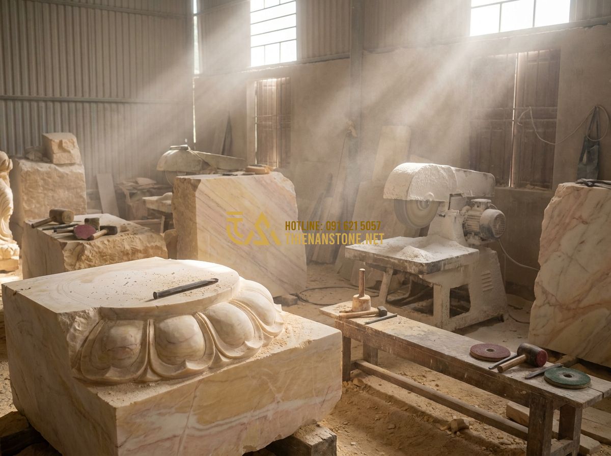Đôn Đá Tự Nhiên Đẹp 2026: 120+ Mẫu Đôn Đá Kê Cây Cảnh, Kê Tượng Sang Trọng & Bền Đẹp - Hình 6 Đôn Đá Tự Nhiên Đẹp 2026: 120+ Mẫu Đôn Đá Kê Cây Cảnh, Kê Tượng Sang Trọng & Bền Đẹp - Tạo ảnh tiếng Anh: Inside a traditional stone carving workshop. Skilled artisans