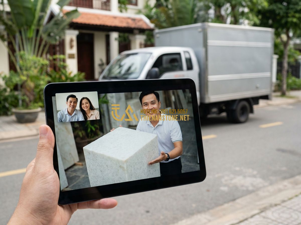 Đôn Đá Vuông Tự Nhiên Cao Cấp: Mẫu Đẹp Nhất Dùng Kê Cây Cảnh & Trang Trí Nội Thất 2026 - Hình 14 Đôn Đá Vuông Tự Nhiên Cao Cấp: Mẫu Đẹp Nhất Dùng Kê Cây Cảnh & Trang Trí Nội Thất 2026 - Tạo ảnh tiếng Anh: A friendly customer service representative showing a square s
