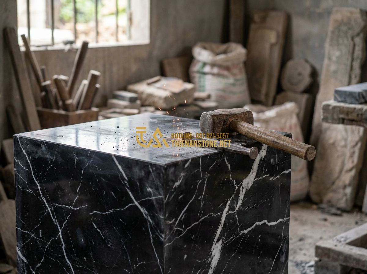 Đôn Đá Vuông Tự Nhiên Cao Cấp: Mẫu Đẹp Nhất Dùng Kê Cây Cảnh & Trang Trí Nội Thất 2026 - Hình 4 Đôn Đá Vuông Tự Nhiên Cao Cấp: Mẫu Đẹp Nhất Dùng Kê Cây Cảnh & Trang Trí Nội Thất 2026 - Tạo ảnh tiếng Anh: A master craftsman in a dusty workshop using a chisel and ham