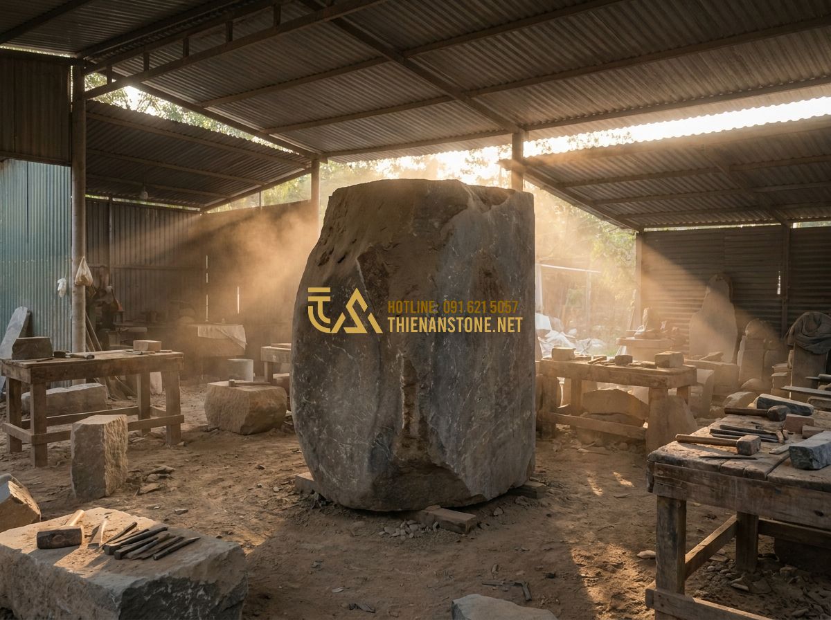 Đôn Đá Vuông Tự Nhiên Cao Cấp: Mẫu Đẹp Nhất Dùng Kê Cây Cảnh & Trang Trí Nội Thất 2026 - Hình 7 Đôn Đá Vuông Tự Nhiên Cao Cấp: Mẫu Đẹp Nhất Dùng Kê Cây Cảnh & Trang Trí Nội Thất 2026 - Tạo ảnh tiếng Anh: Inside a traditional Vietnamese stone carving workshop, a gro