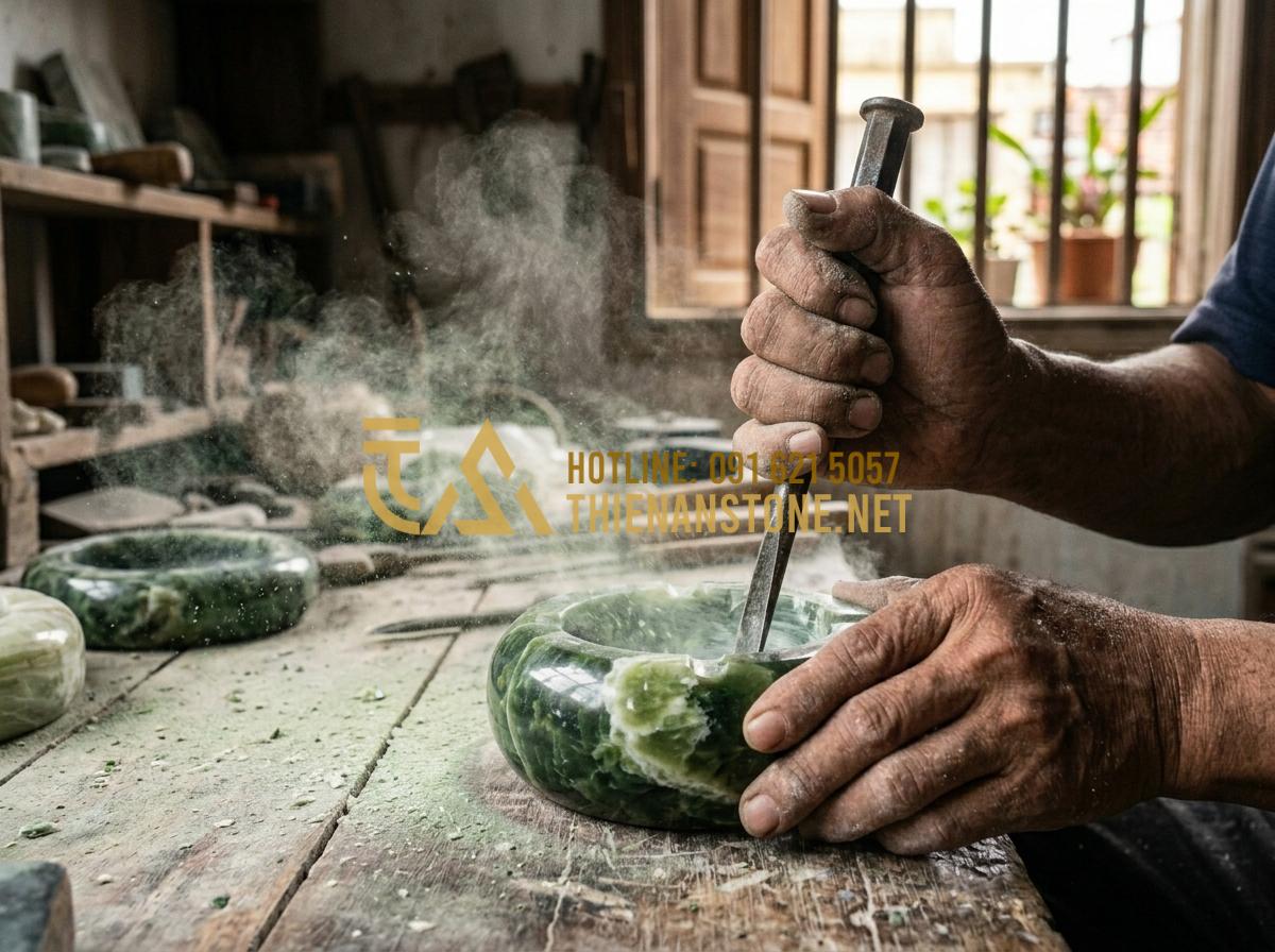 Gạt tàn độc đáo bằng đá tự nhiên: Món quà tặng sếp tinh tế và sang trọng - A close-up shot of a master artisan's hands using traditional carving tools to s