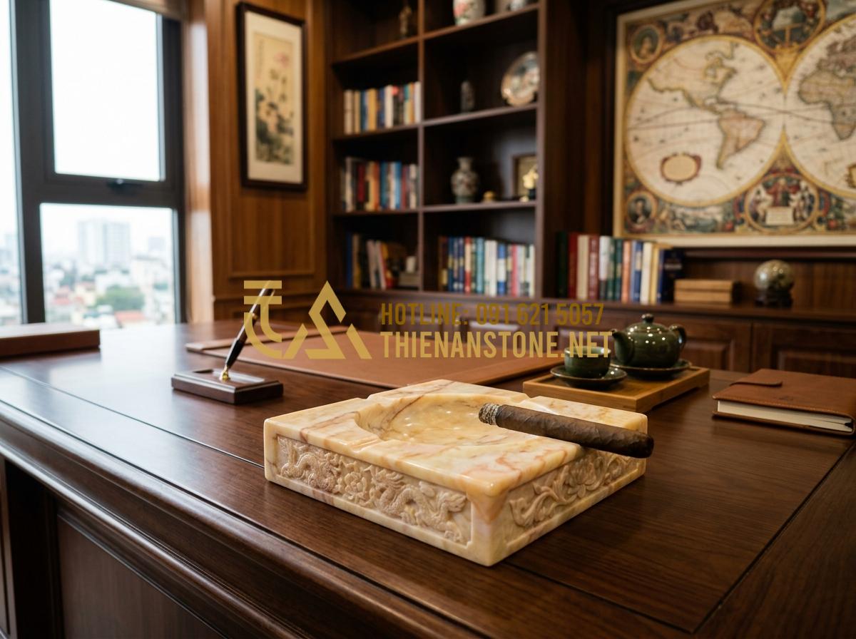 Gạt tàn độc đáo bằng đá tự nhiên: Món quà tặng sếp tinh tế và sang trọng - An elegant executive office setting with a large wooden desk, featuring a custom