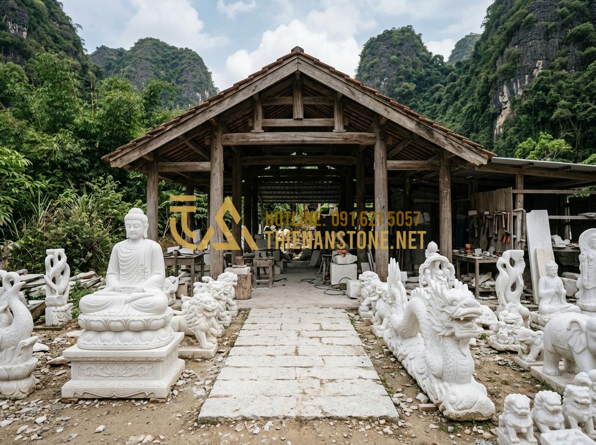 Gạt tàn độc đáo bằng đá tự nhiên: Món quà tặng sếp tinh tế và sang trọng - The entrance of Xưởng Đá Mỹ Nghệ Thiên An, showing a rustic but professional sto
