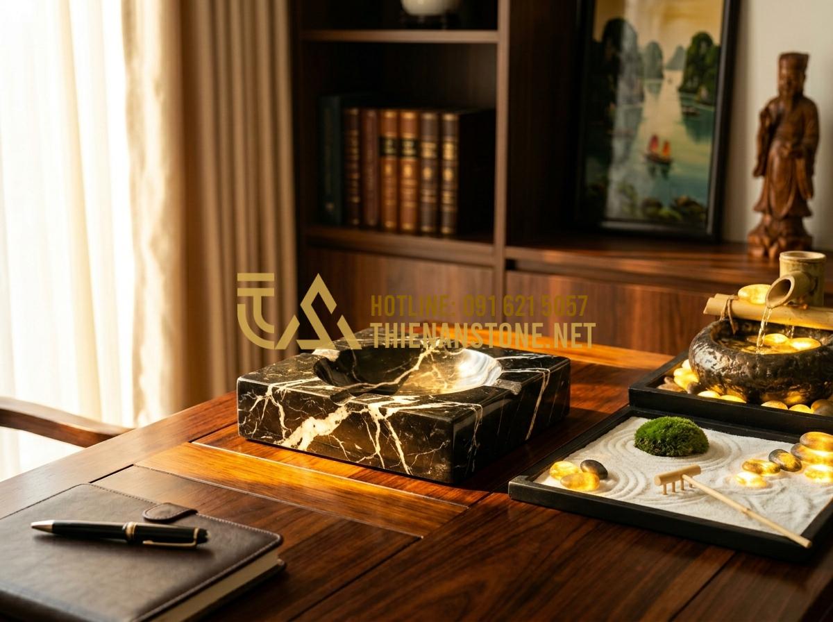 Gạt tàn thuốc bằng đá tự nhiên: 101+ Mẫu đẳng cấp dành cho quý ông 2026 - Tạo ảnh tiếng Anh: An elegant natural stone ashtray placed on a desk according t