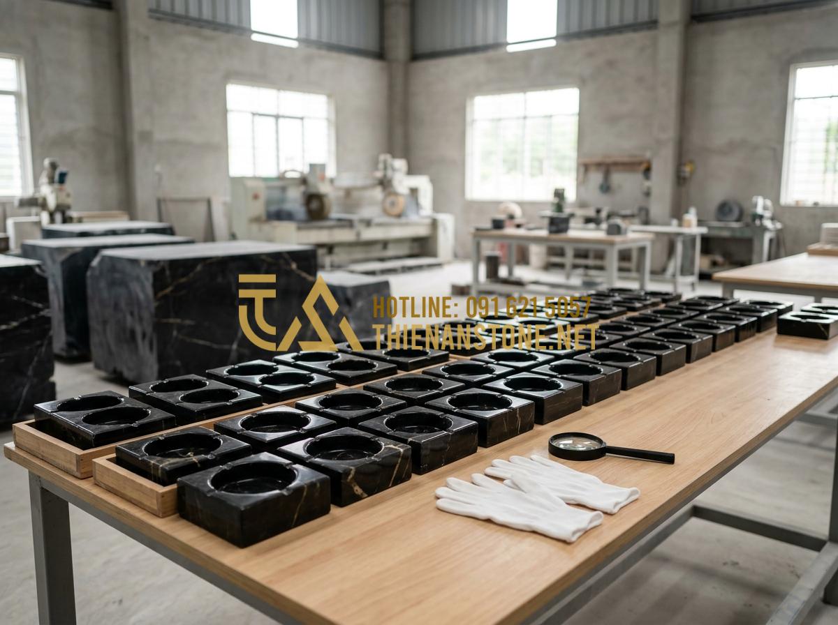 Gạt tàn thuốc bằng đá tự nhiên: 101+ Mẫu đẳng cấp dành cho quý ông 2026 - Tạo ảnh tiếng Anh: Inside a professional stone craft factory, rows of finished l