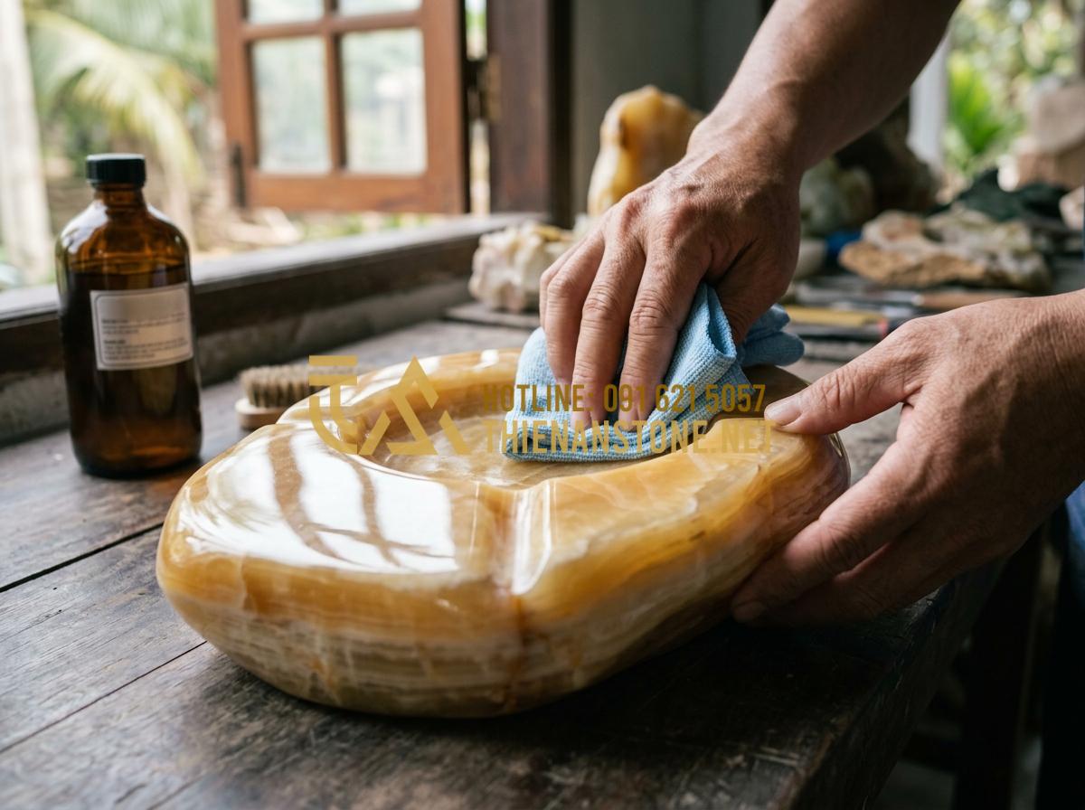 Gạt tàn thuốc bằng đá tự nhiên: 101+ Mẫu đẳng cấp dành cho quý ông 2026 - Tạo ảnh tiếng Anh: A pair of hands using a soft microfiber cloth to gently polis