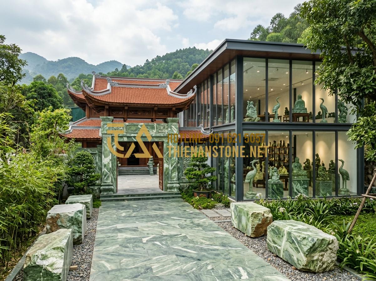 Gạt tàn thuốc bằng đá tự nhiên: 101+ Mẫu đẳng cấp dành cho quý ông 2026 - Tạo ảnh tiếng Anh: The grand entrance of Thien An Stone Craft Workshop in Phu Th