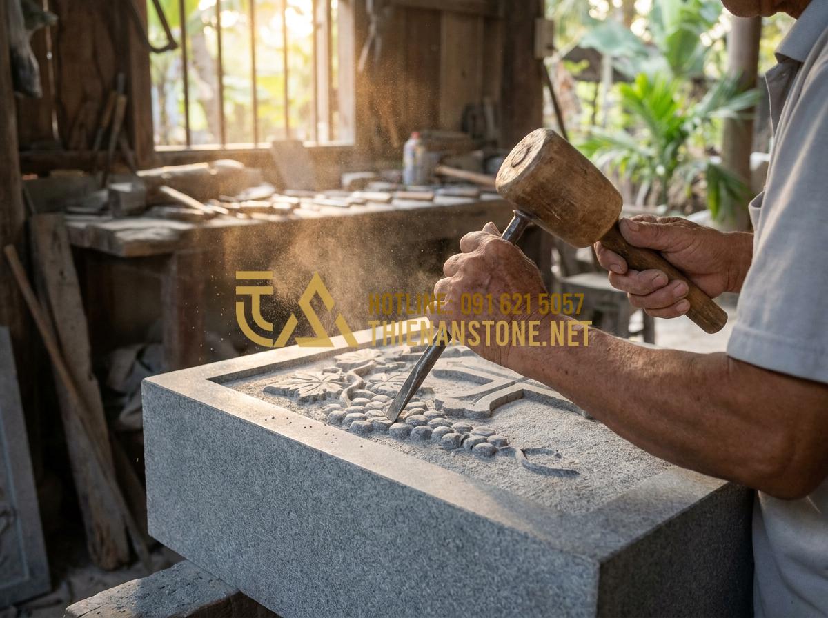 Giá Bàn Thờ Đá Công Giáo Bao Nhiêu? Bảng Giá Chi Tiết Tại Xưởng 2026 - Hình 2 Giá Bàn Thờ Đá Công Giáo Bao Nhiêu? Bảng Giá Chi Tiết Tại Xưởng 2026 - Tạo ảnh tiếng Anh: Close-up of a skilled artisan's hands using a chisel and hamm