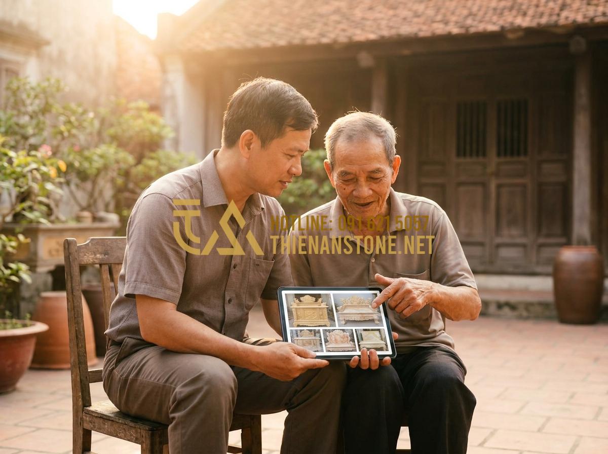 Giá Bàn Thờ Đá Công Giáo Bao Nhiêu? Bảng Giá Chi Tiết Tại Xưởng 2026 - Hình 7 Giá Bàn Thờ Đá Công Giáo Bao Nhiêu? Bảng Giá Chi Tiết Tại Xưởng 2026 - Tạo ảnh tiếng Anh: An emotional scene of a middle-aged man (Anh Minh) sitting wi
