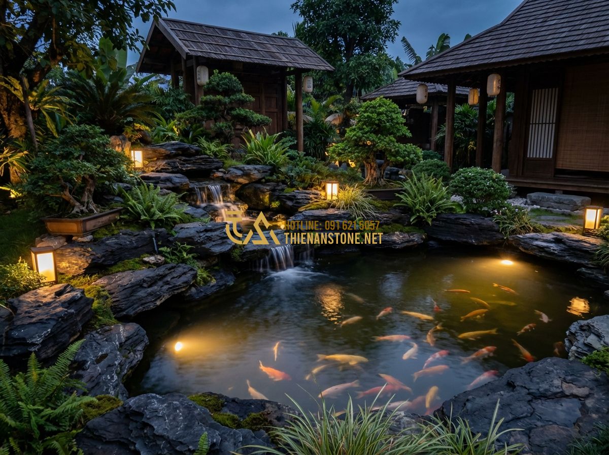 Giá Đá Lũa Đen Bao Nhiêu? Bảng Báo Giá Đá Lũa Đen Mới Nhất 2024 - Tạo ảnh tiếng Anh: The finished garden of Mr. Minh at twilight. The black driftw
