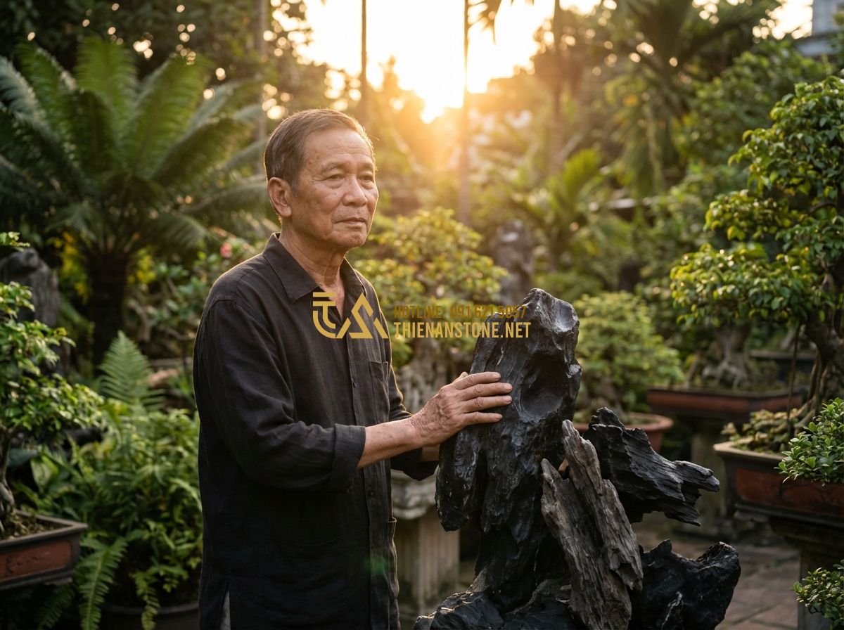 Giá Đá Lũa Đen Bao Nhiêu? Bảng Báo Giá Đá Lũa Đen Mới Nhất 2024 - Tạo ảnh tiếng Anh: An elderly Vietnamese man with a gentle and thoughtful expres