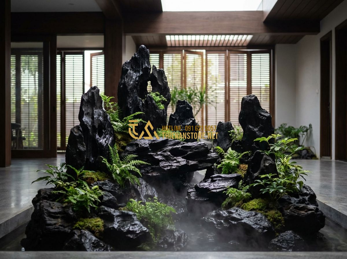 Giá Đá Lũa Đen Bao Nhiêu? Bảng Báo Giá Đá Lũa Đen Mới Nhất 2024 - Tạo ảnh tiếng Anh: A beautiful small-scale rockery made of black driftwood stone