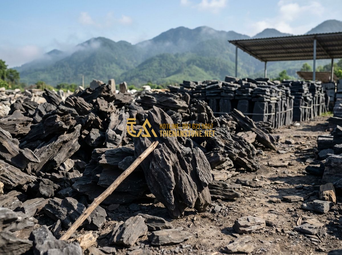 Giá Đá Lũa Đen Bao Nhiêu? Bảng Báo Giá Đá Lũa Đen Mới Nhất 2024 - Tạo ảnh tiếng Anh: A sprawling stone yard filled with thousands of black driftwo
