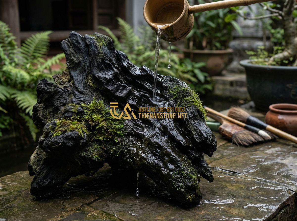 Giá Đá Lũa Đen Bao Nhiêu? Bảng Báo Giá Đá Lũa Đen Mới Nhất 2024 - Tạo ảnh tiếng Anh: An old, weathered black driftwood stone covered in thin layer