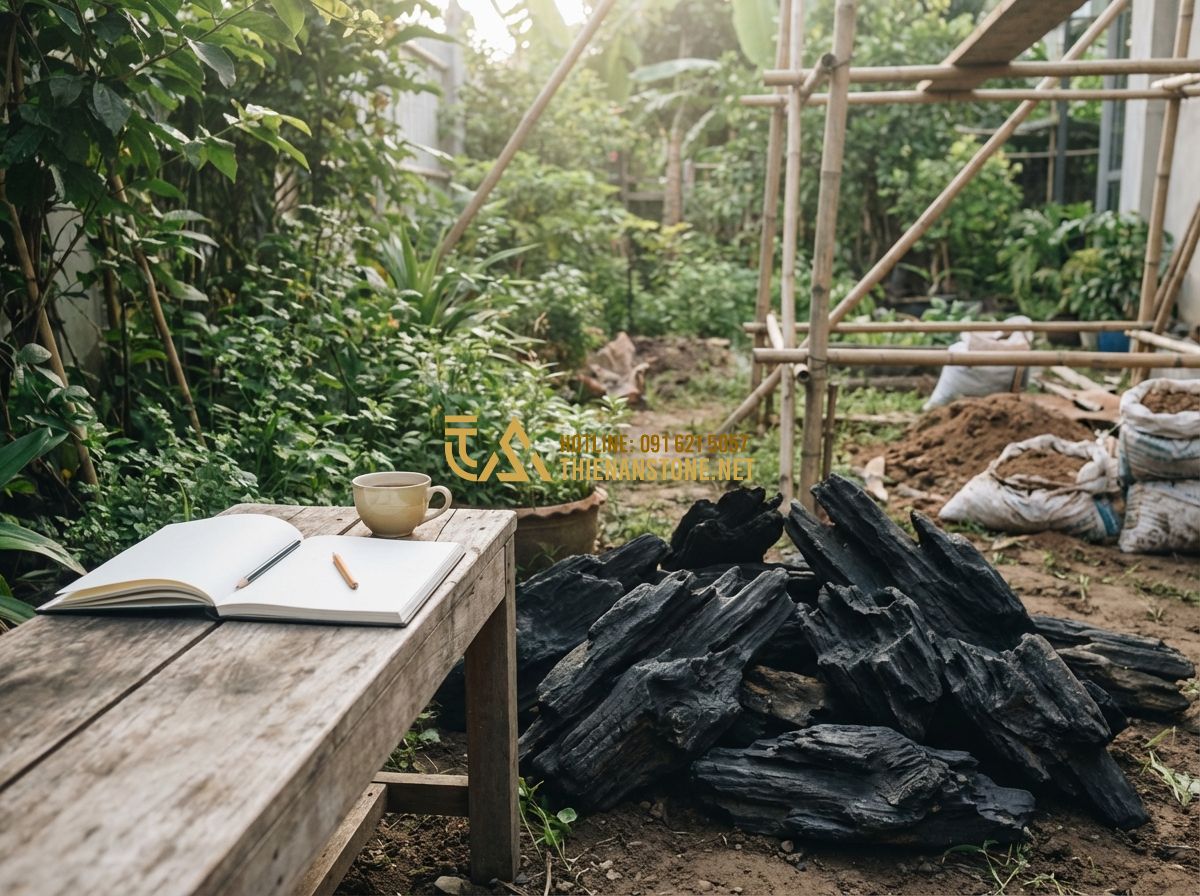 Giá Đá Lũa Đen Bao Nhiêu? Bảng Báo Giá Đá Lũa Đen Mới Nhất 2024 - Tạo ảnh tiếng Anh: A homeowner, inspired by Mr. Minh, sitting on a wooden bench 