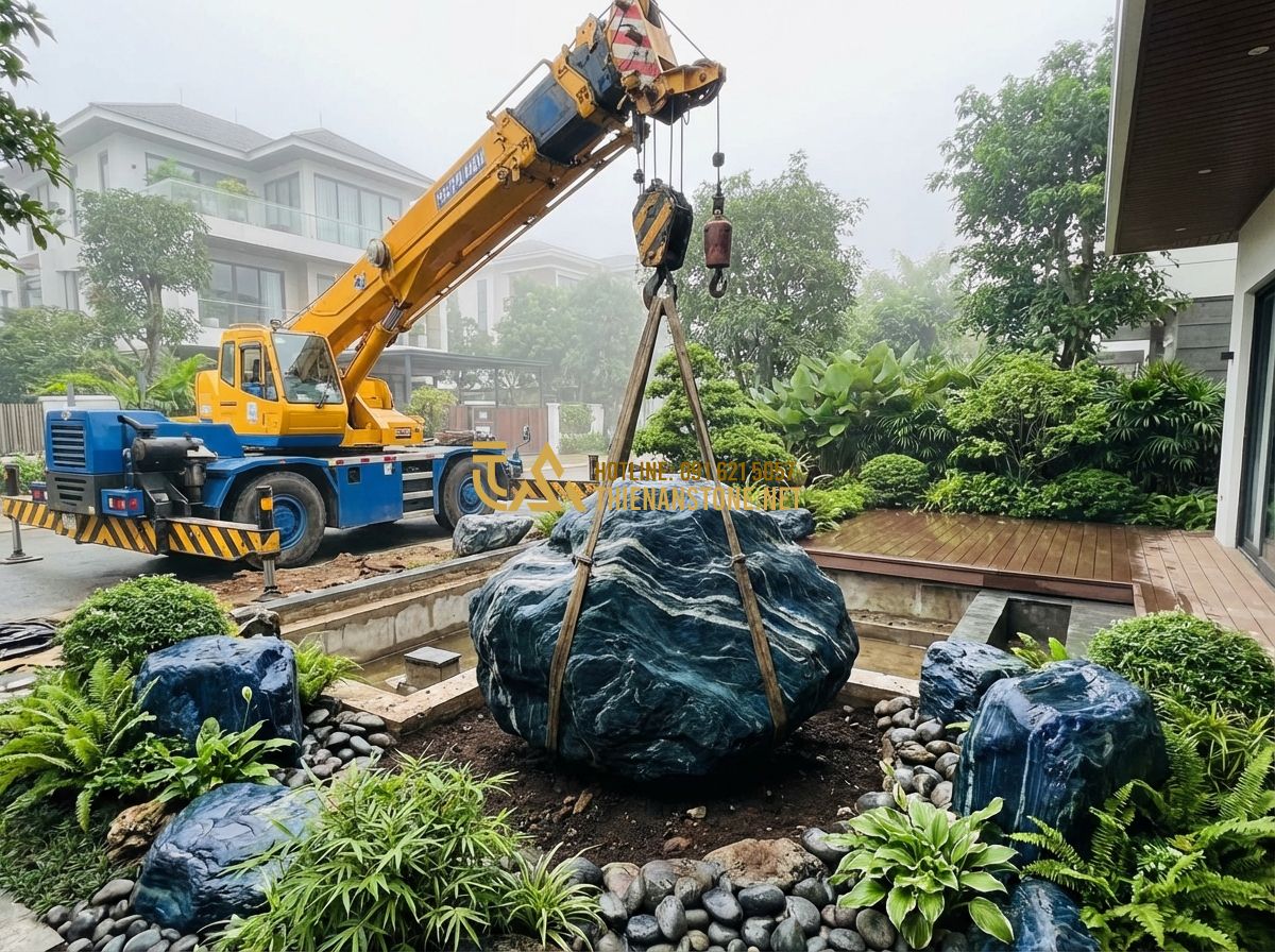 Giá Đá Xanh Nhật Bản 2024: Bảng Báo Giá Chi Tiết Từ A-Z & Nơi Mua Uy Tín - Tạo ảnh tiếng Anh: A professional landscape worker using a heavy-duty crane to c