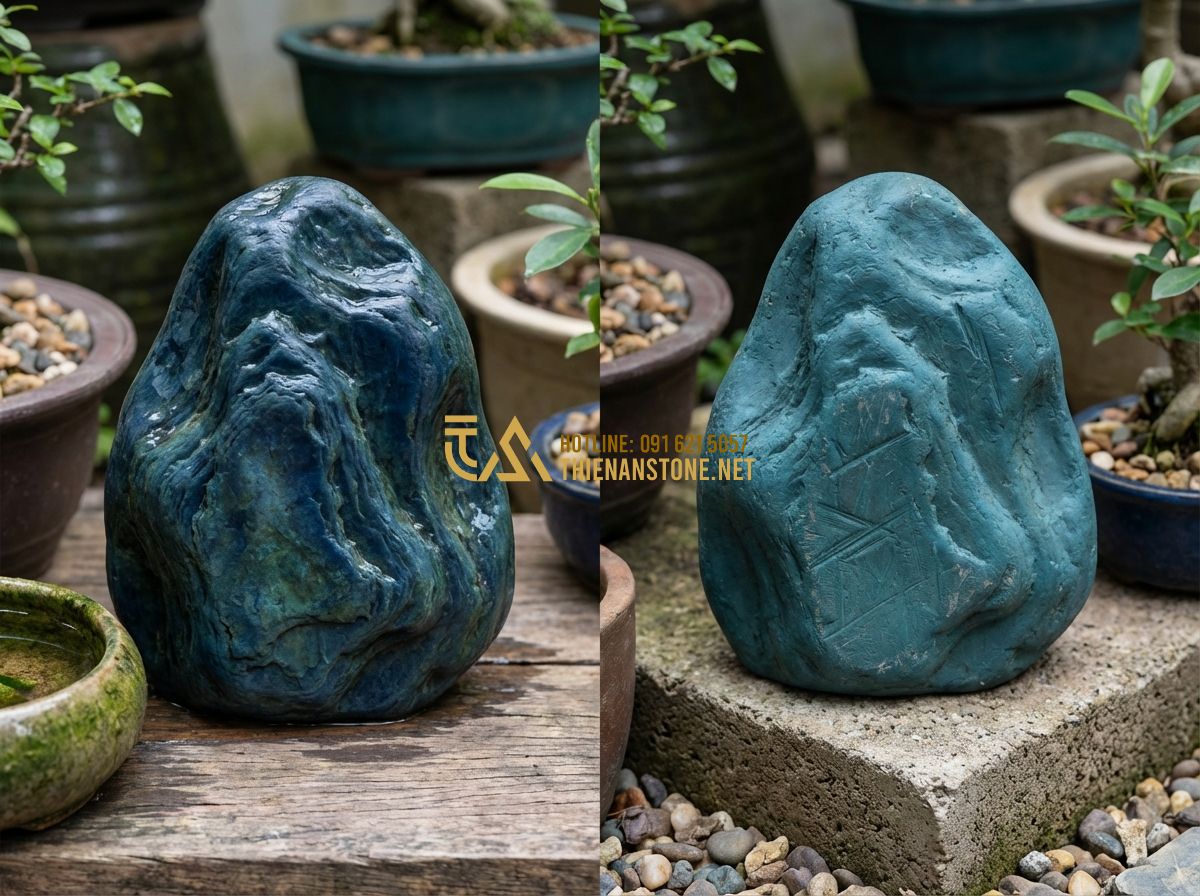 Giá Đá Xanh Nhật Bản 2024: Bảng Báo Giá Chi Tiết Từ A-Z & Nơi Mua Uy Tín - Tạo ảnh tiếng Anh: A split-screen comparison photo showing an authentic Japanese