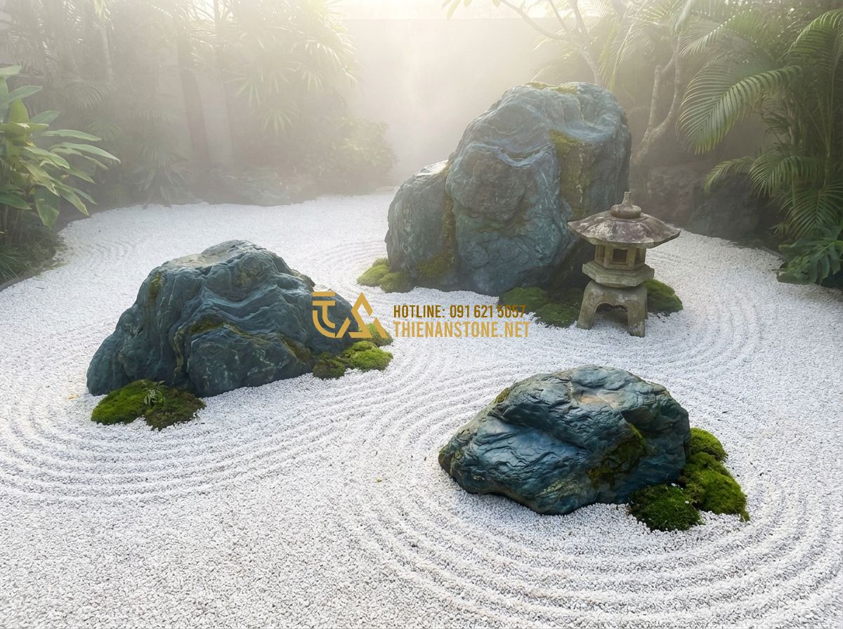 Giá Đá Xanh Nhật Bản 2024: Bảng Báo Giá Chi Tiết Từ A-Z & Nơi Mua Uy Tín - Tạo ảnh tiếng Anh: An artistic overhead view of a traditional Sanzon Ishigumi st