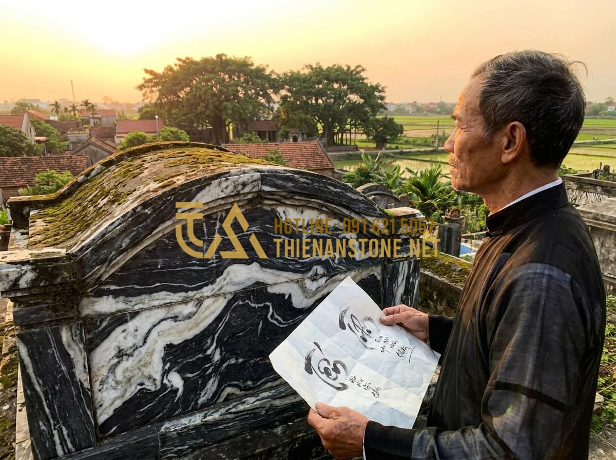 Giải Mã Ý Nghĩa Các Loại Chữ Trên Cuốn Thư Lăng Mộ Thường Gặp - Tạo ảnh tiếng Anh: An emotional scene of an elderly man standing in front of an
