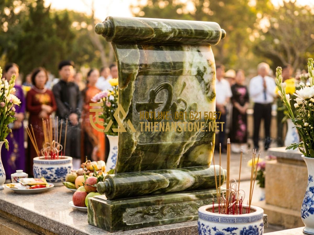 Giải Mã Ý Nghĩa Các Loại Chữ Trên Cuốn Thư Lăng Mộ Thường Gặp - Tạo ảnh tiếng Anh: A joyful and solemn ceremony at a newly renovated family tomb