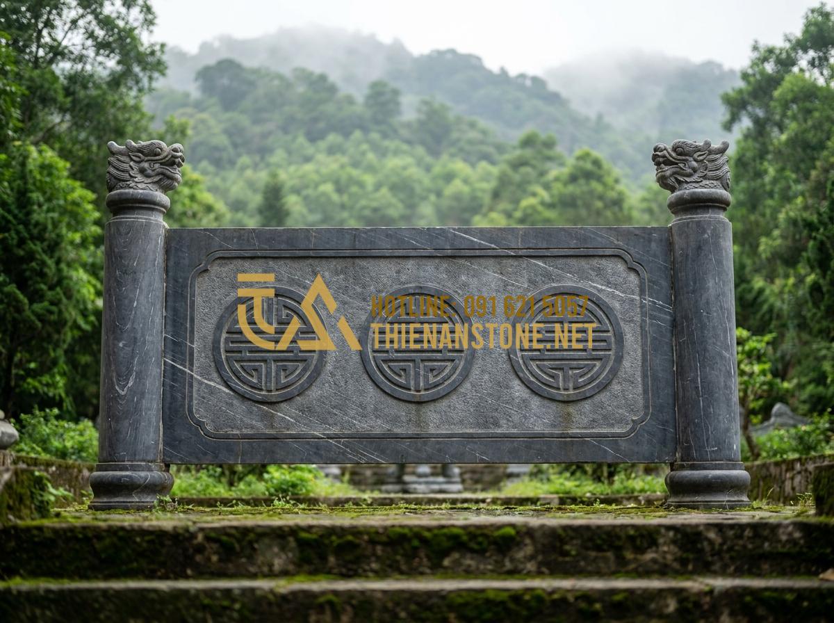 Giải Mã Ý Nghĩa Các Loại Chữ Trên Cuốn Thư Lăng Mộ Thường Gặp - Tạo ảnh tiếng Anh: A panoramic view of a large, high-end stone tomb scroll featu