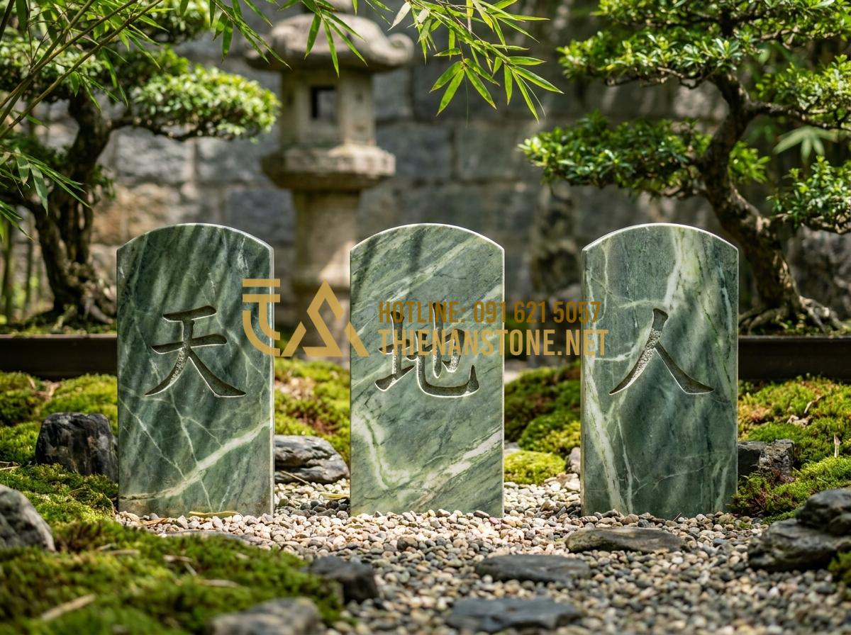 Giải Mã Ý Nghĩa Các Loại Chữ Trên Cuốn Thư Lăng Mộ Thường Gặp - Tạo ảnh tiếng Anh: An artistic composition of three vertical stone tablets place