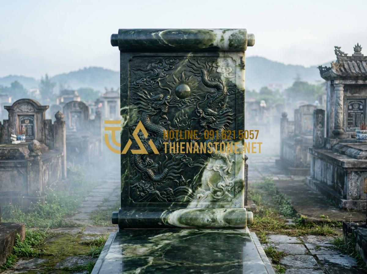 Giải Mã Ý Nghĩa Các Loại Chữ Trên Cuốn Thư Lăng Mộ Thường Gặp - Tạo ảnh tiếng Anh: A majestic stone scroll standing in a large family cemetery c