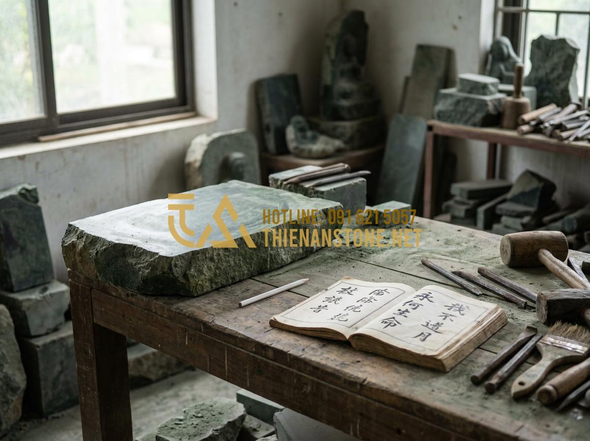 Giải Mã Ý Nghĩa Các Loại Chữ Trên Cuốn Thư Lăng Mộ Thường Gặp - Tạo ảnh tiếng Anh: A skilled craftsman at Thien An workshop is carefully sketchi