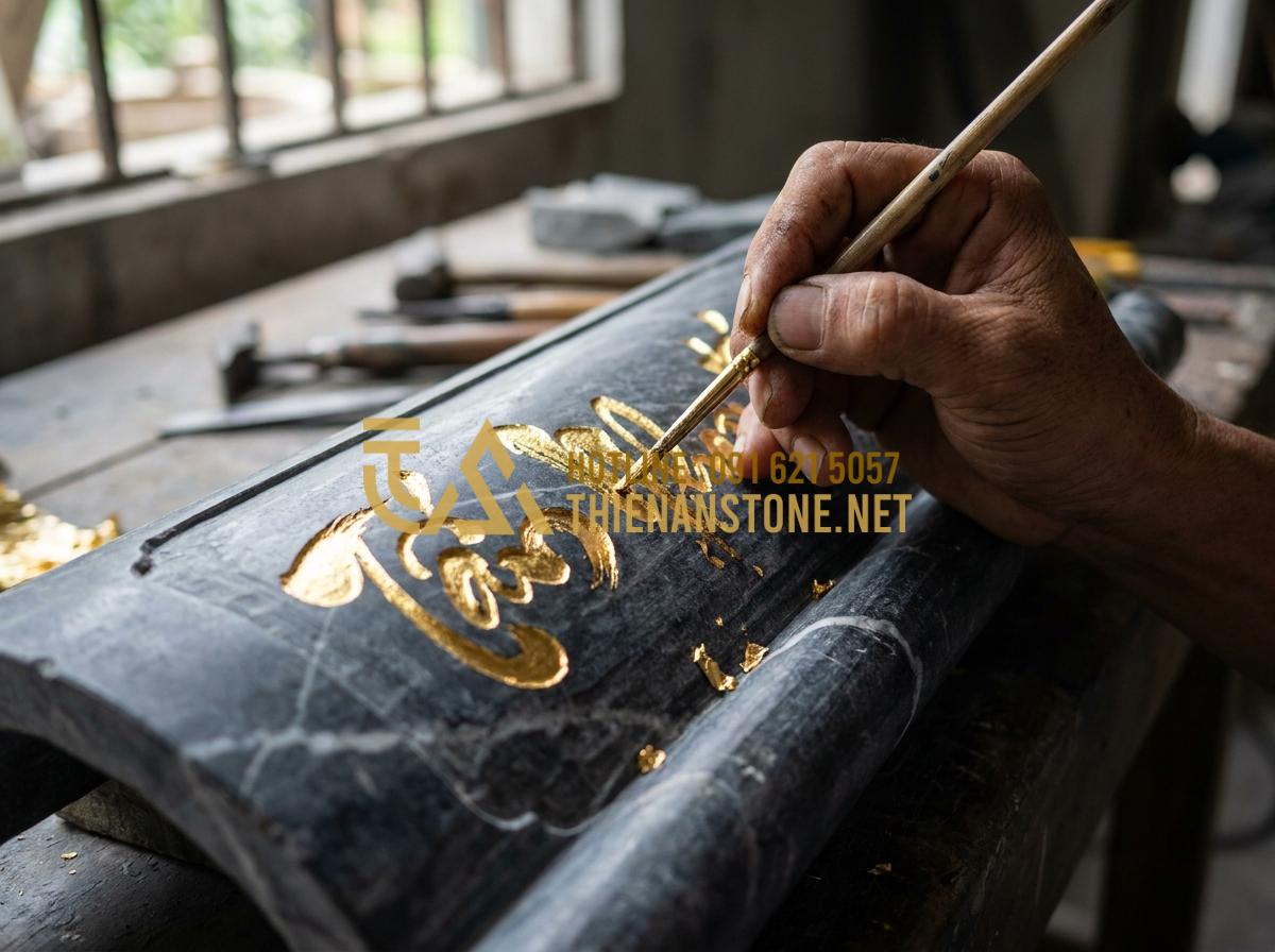 Giải Mã Ý Nghĩa Các Loại Chữ Trên Cuốn Thư Lăng Mộ Thường Gặp - Tạo ảnh tiếng Anh: A close-up of a stone carver carefully applying gold leaf pai