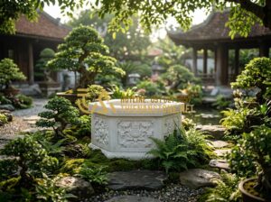 Giếng đá sân vườn: Tinh hoa kiến trúc cảnh quan và xu hướng trang trí 2026 - Tạo ảnh tiếng Anh: A high-end professional photography of a luxury garden landsc
