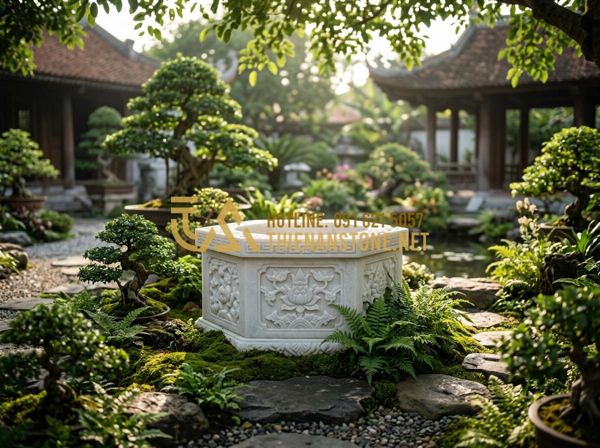 Giếng đá sân vườn: Tinh hoa kiến trúc cảnh quan và xu hướng trang trí 2026 - Tạo ảnh tiếng Anh: A high-end professional photography of a luxury garden landsc