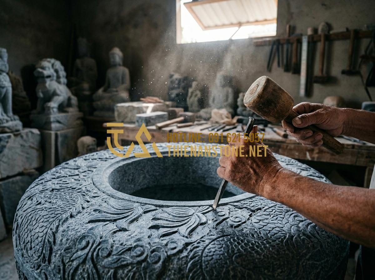 Giếng đá sân vườn: Tinh hoa kiến trúc cảnh quan và xu hướng trang trí 2026 - Tạo ảnh tiếng Anh: Close-up shot of a master craftsman's hands carefully carving
