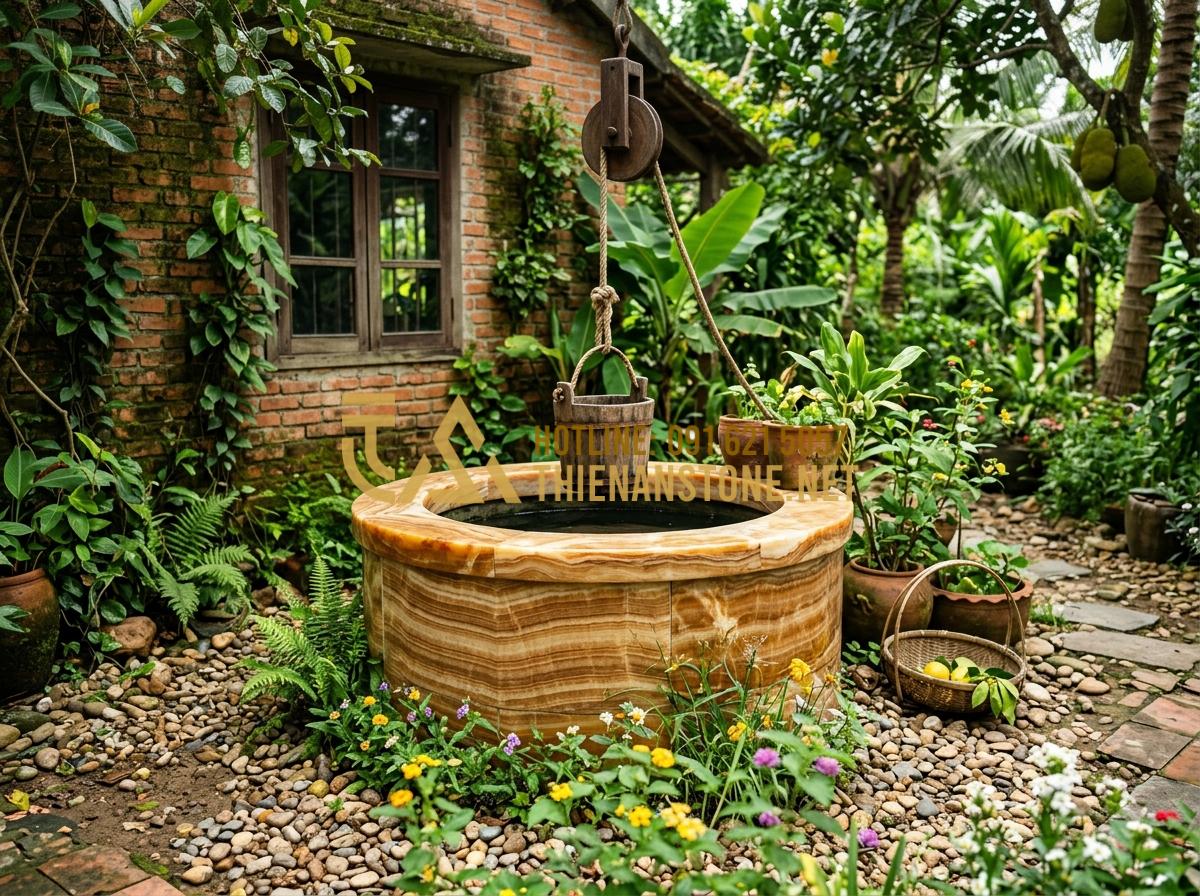 Giếng đá sân vườn: Tinh hoa kiến trúc cảnh quan và xu hướng trang trí 2026 - Tạo ảnh tiếng Anh: A beautiful backyard garden with a rustic laterite stone well