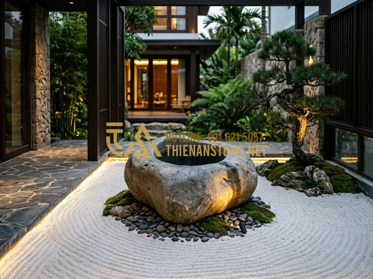Giếng đá sân vườn: Tinh hoa kiến trúc cảnh quan và xu hướng trang trí 2026 - Tạo ảnh tiếng Anh: A modern Zen garden design featuring a minimalist grey granit