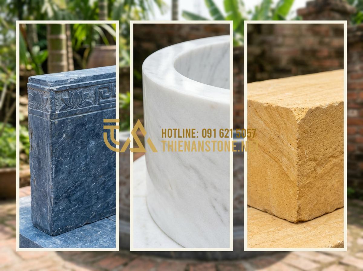Giếng đá sân vườn: Tinh hoa kiến trúc cảnh quan và xu hướng trang trí 2026 - Tạo ảnh tiếng Anh: A collage showing different types of natural stones used for