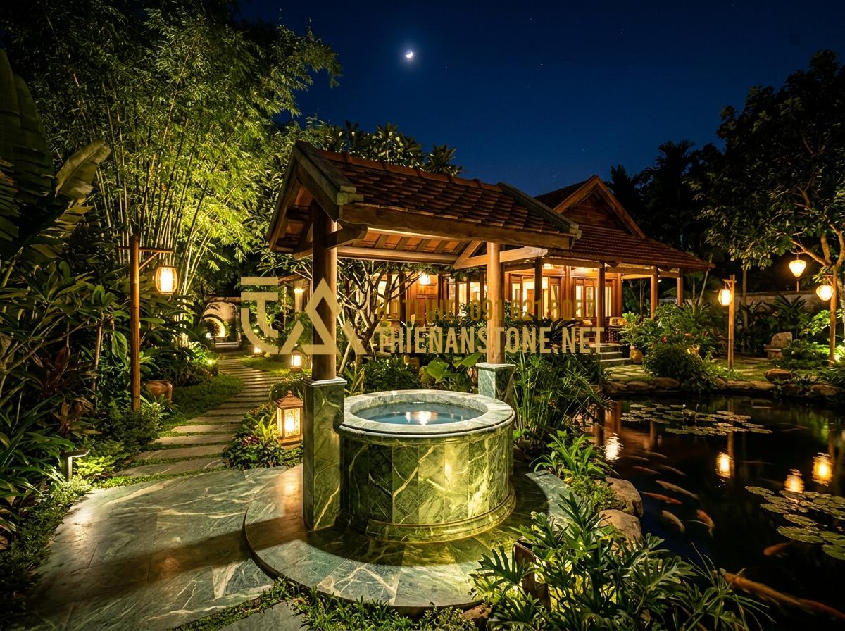 Giếng đá sân vườn: Tinh hoa kiến trúc cảnh quan và xu hướng trang trí 2026 - Tạo ảnh tiếng Anh: A breathtaking night view of a luxury villa garden with a sto
