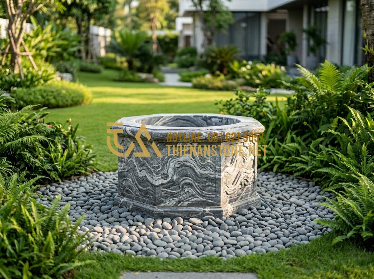 Giếng đá trắng muối: Vẻ đẹp tinh khôi cho không gian sân vườn hiện đại - Hình 1 Giếng đá trắng muối: Vẻ đẹp tinh khôi cho không gian sân vườn hiện đại - Tạo ảnh tiếng Anh: A professional architectural photograph of a luxurious modern