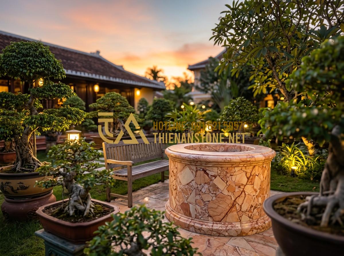 Giếng đá trắng muối: Vẻ đẹp tinh khôi cho không gian sân vườn hiện đại - Hình 2 Giếng đá trắng muối: Vẻ đẹp tinh khôi cho không gian sân vườn hiện đại - Tạo ảnh tiếng Anh: A cozy, high-end private villa garden at sunset. A middle-age