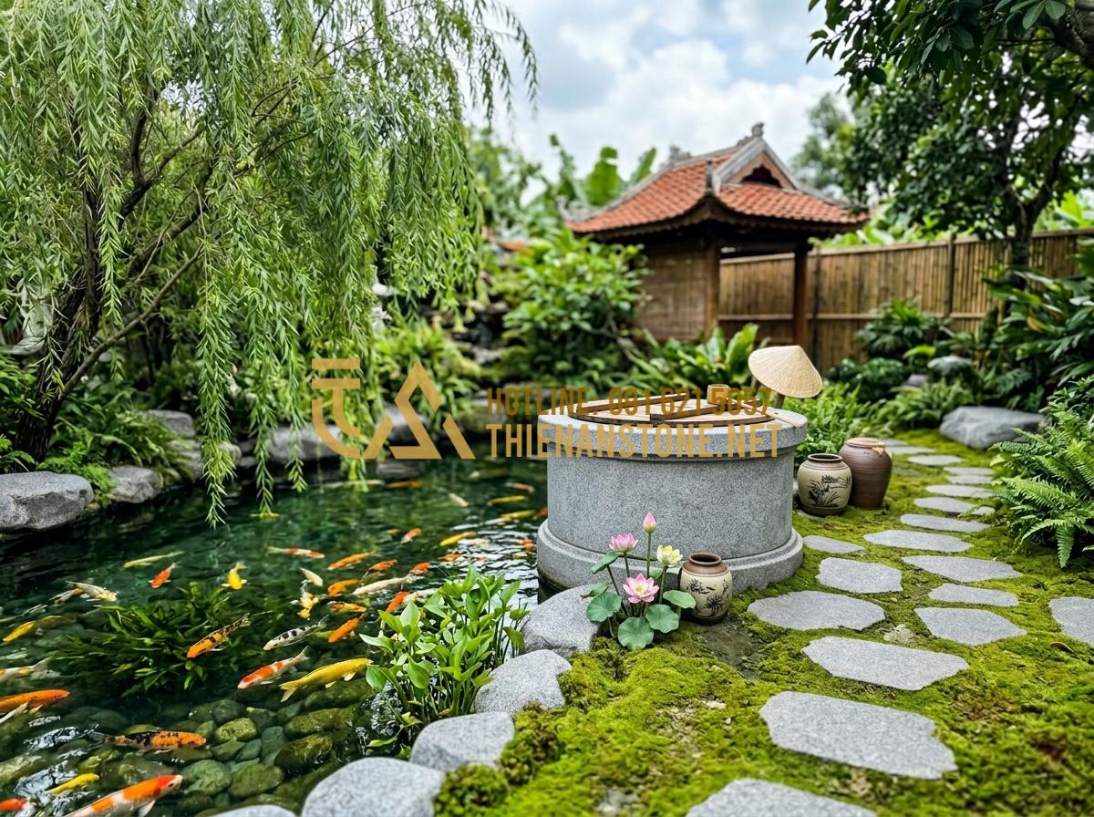 Giếng đá trắng muối: Vẻ đẹp tinh khôi cho không gian sân vườn hiện đại - Hình 5 Giếng đá trắng muối: Vẻ đẹp tinh khôi cho không gian sân vườn hiện đại - Tạo ảnh tiếng Anh: A breathtaking Zen-style garden landscape. A white salt marbl