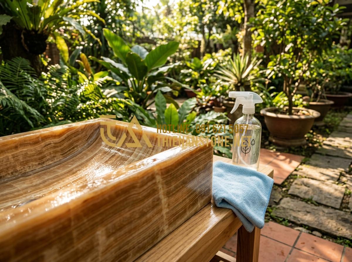 Giếng đá trắng muối: Vẻ đẹp tinh khôi cho không gian sân vườn hiện đại - Hình 6 Giếng đá trắng muối: Vẻ đẹp tinh khôi cho không gian sân vườn hiện đại - Tạo ảnh tiếng Anh: A person gently cleaning a white marble surface with a soft m
