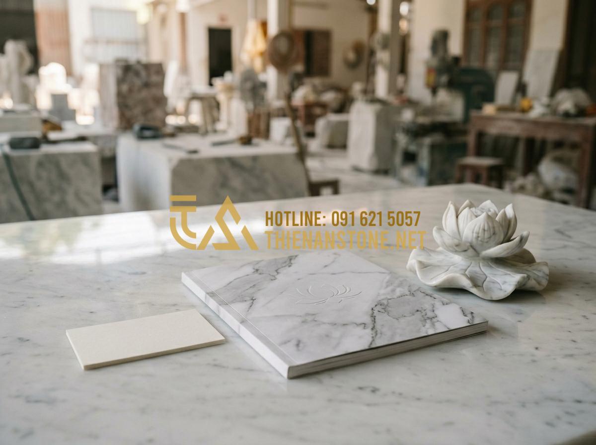 Giếng đá trắng muối: Vẻ đẹp tinh khôi cho không gian sân vườn hiện đại - Hình 8 Giếng đá trắng muối: Vẻ đẹp tinh khôi cho không gian sân vườn hiện đại - Tạo ảnh tiếng Anh: A professional business card and catalog of 'Thien An Stone'