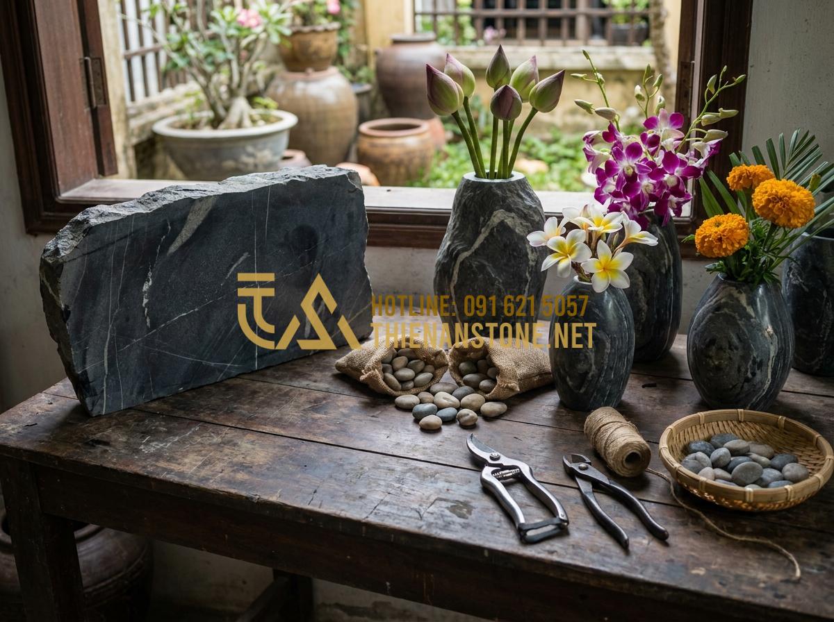 Gợi Ý 7 Cách Cắm Hoa Độc Đáo Với Bình Hoa Đá Cuội Khiến Không Gian Bừng Sáng - Hình 10 Gợi Ý 7 Cách Cắm Hoa Độc Đáo Với Bình Hoa Đá Cuội Khiến Không Gian Bừng Sáng - Complete set of tools and ingredients ready for creative stone vase flower art,