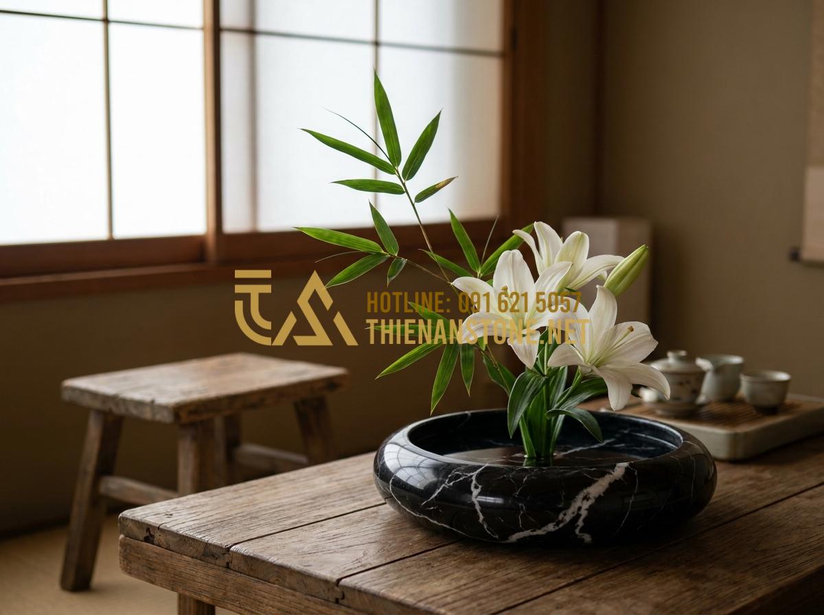 Gợi Ý 7 Cách Cắm Hoa Độc Đáo Với Bình Hoa Đá Cuội Khiến Không Gian Bừng Sáng - Hình 11 Gợi Ý 7 Cách Cắm Hoa Độc Đáo Với Bình Hoa Đá Cuội Khiến Không Gian Bừng Sáng - Zen style minimalist flower arrangement in low round pebble stone vase with whit