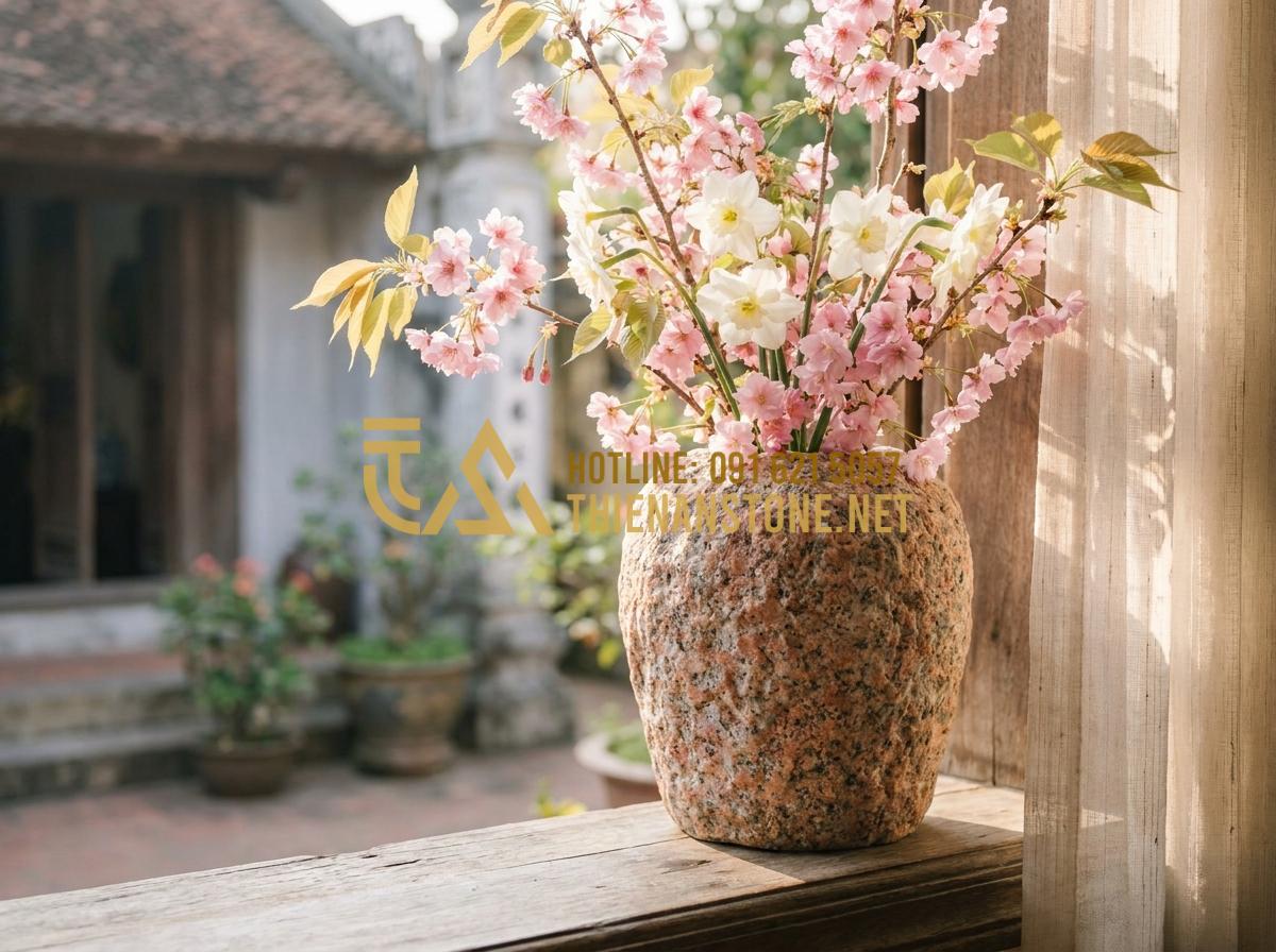 Gợi Ý 7 Cách Cắm Hoa Độc Đáo Với Bình Hoa Đá Cuội Khiến Không Gian Bừng Sáng - Hình 19 Gợi Ý 7 Cách Cắm Hoa Độc Đáo Với Bình Hoa Đá Cuội Khiến Không Gian Bừng Sáng - Seasonal spring flower arrangement in pebble stone vase with cherry blossoms and