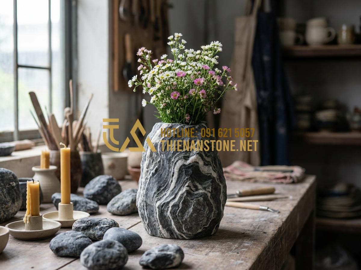 Gợi Ý 7 Cách Cắm Hoa Độc Đáo Với Bình Hoa Đá Cuội Khiến Không Gian Bừng Sáng - Hình 21 Gợi Ý 7 Cách Cắm Hoa Độc Đáo Với Bình Hoa Đá Cuội Khiến Không Gian Bừng Sáng - Creative pebble stone vase flower art incorporating decorative accessories like