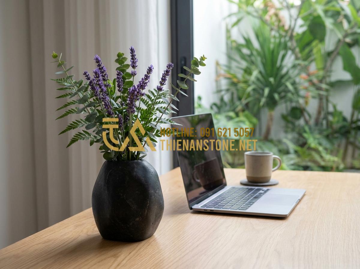 Gợi Ý 7 Cách Cắm Hoa Độc Đáo Với Bình Hoa Đá Cuội Khiến Không Gian Bừng Sáng - Hình 23 Gợi Ý 7 Cách Cắm Hoa Độc Đáo Với Bình Hoa Đá Cuội Khiến Không Gian Bừng Sáng - Relaxing desk flower arrangement in small pebble stone vase with lavender and ca